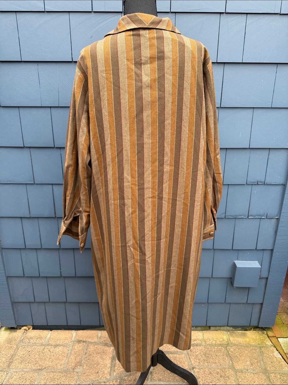 Vintage Striped Long Button-Front Dress Coat in Mustard and Brown handmade brown - Picture 6 of 12